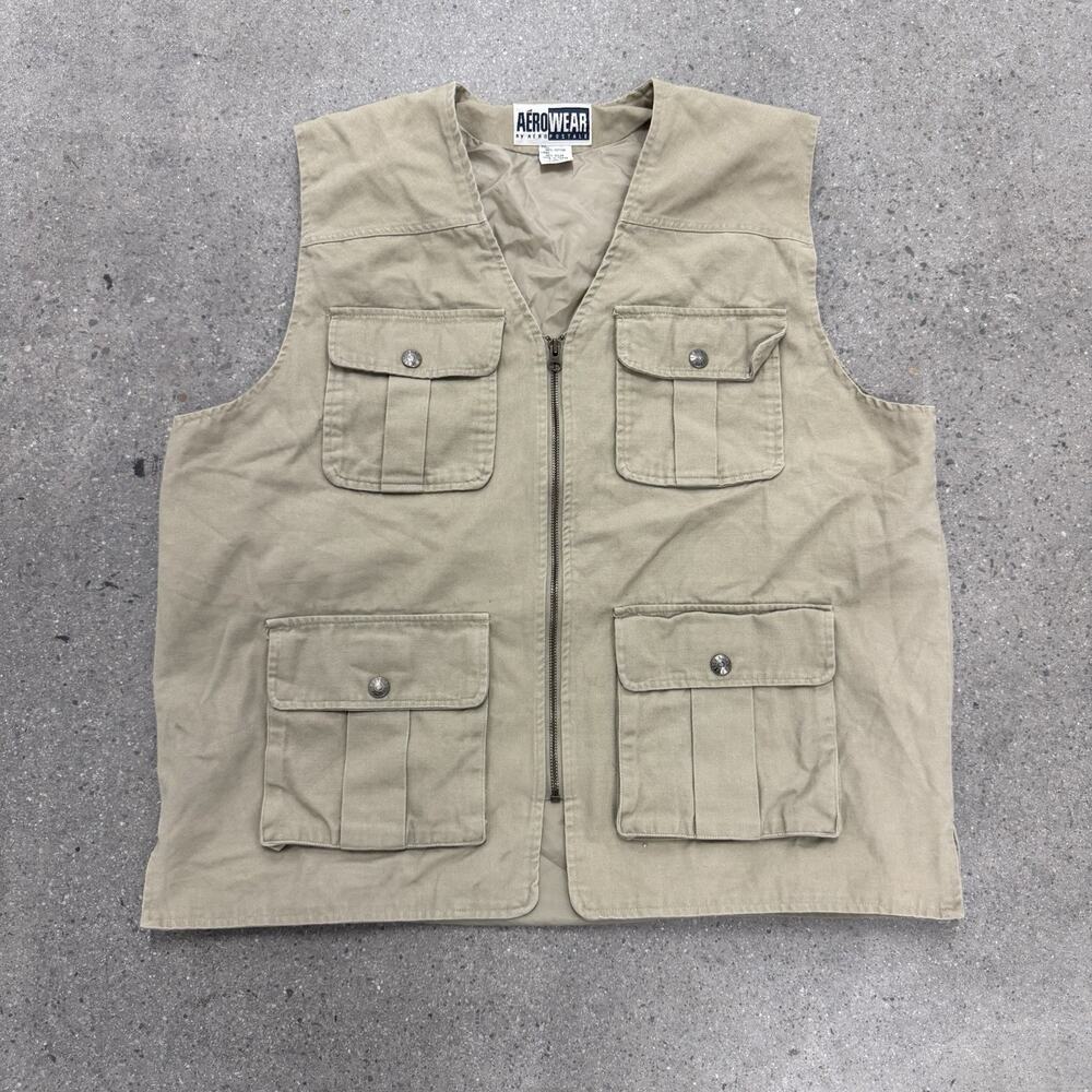 VTG Aeropostale Aerowear Utility Vest Mens XL Khaki Multi Pocket Outdoor Fishing